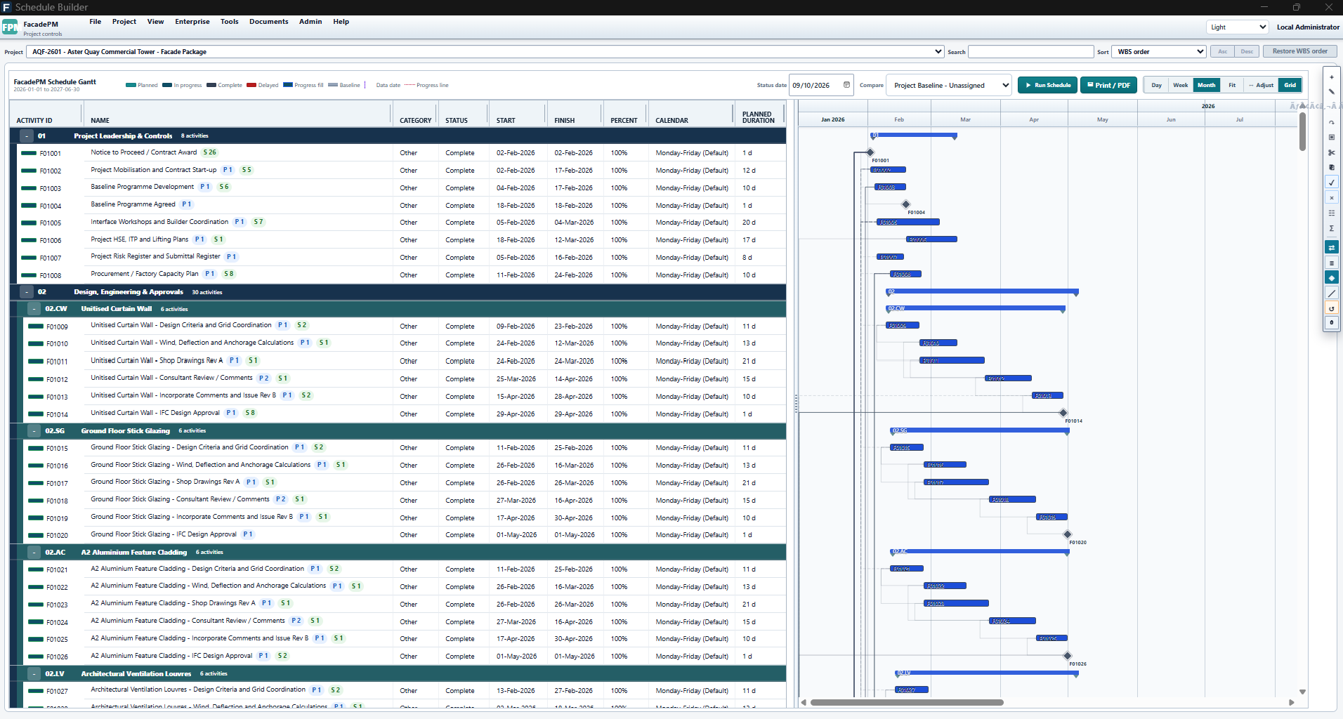 Aster Quay Schedule Builder with WBS groups, activity dates, relationship links and Gantt; comparison selector reads Project Baseline - Unassigned.